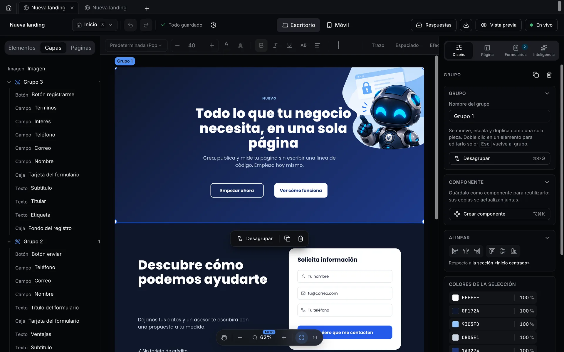 Editor de landing pages de MailBuilder con capas y formulario